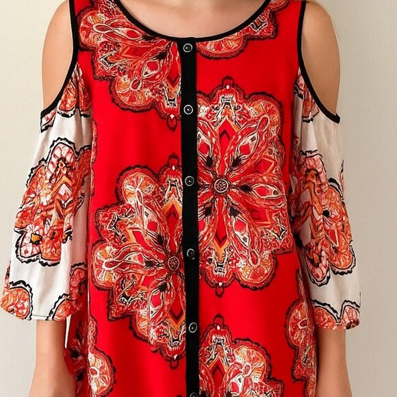 Chico's Red and White Floral Blouse with Graphic Design - Picture 2 of 7